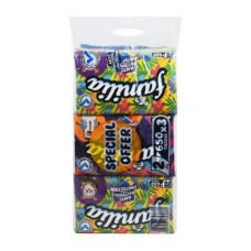 Familia pull up tissues, 2 ply, 650 shrink tissues, 3 pieces width